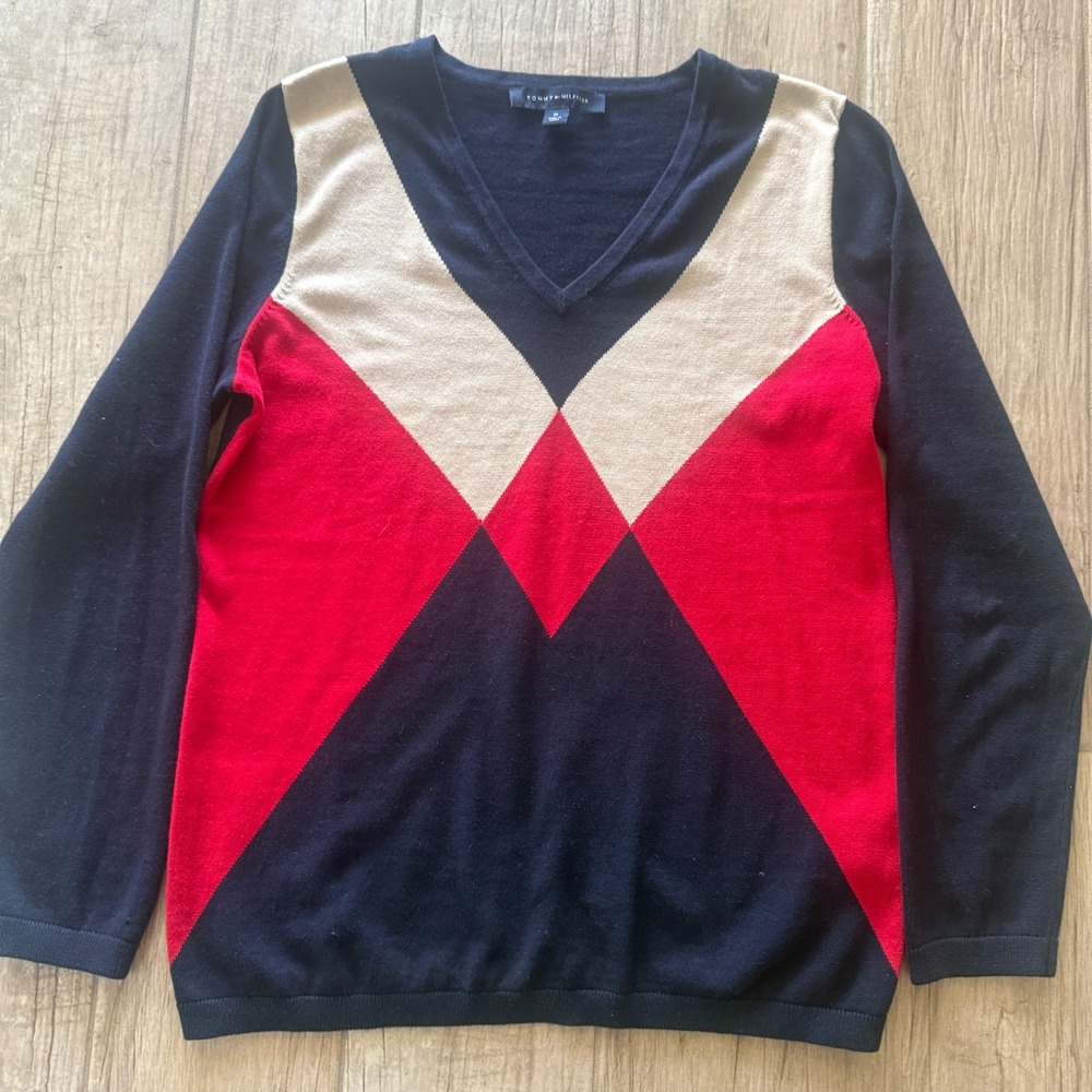 Tommy Hilfiger Womens Navy Red Cream Colorblock V-Neck Cotton Sweater Size M